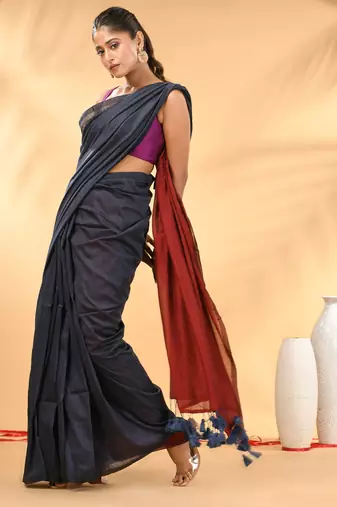 Grey and red cotton handspun saree with tassel detailing