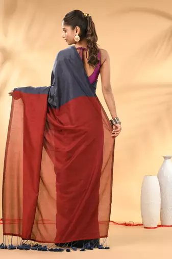 Grey and red cotton handspun saree with tassel detailing