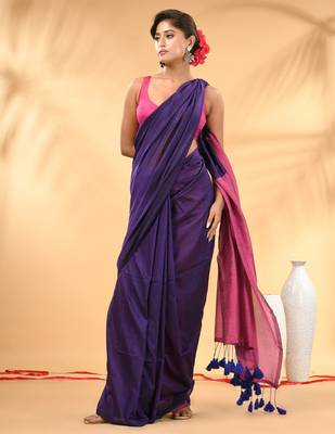 Purple and pink cotton handspun saree with tassel detailing 1