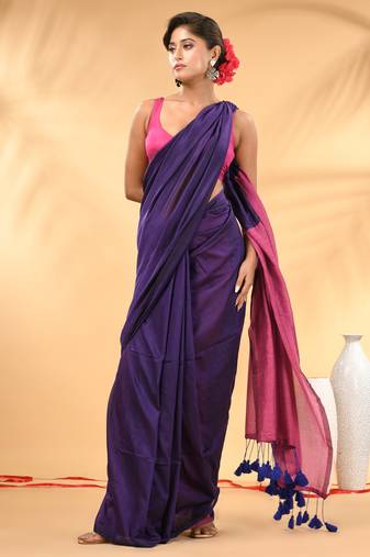 Purple and pink cotton handspun saree with tassel detailing
