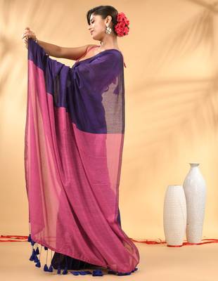 Purple and pink cotton handspun saree with tassel detailing 2