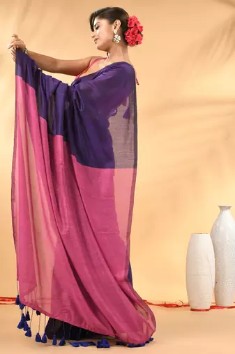 Purple and pink cotton handspun saree with tassel detailing