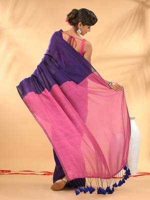 Purple and pink cotton handspun saree with tassel detailing 3