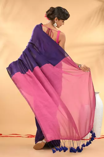 Purple and pink cotton handspun saree with tassel detailing