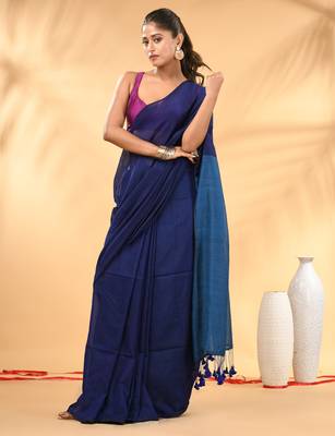 Blue and sapphire blue cotton handspun saree with tassel detailing 1