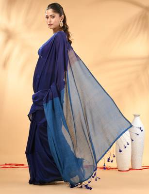 Blue and sapphire blue cotton handspun saree with tassel detailing 2