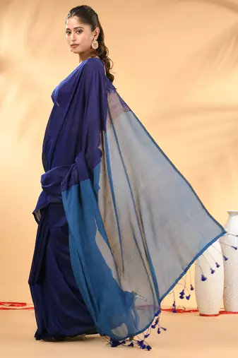 Blue and sapphire blue cotton handspun saree with tassel detailing