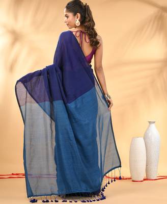 Blue and sapphire blue cotton handspun saree with tassel detailing 3