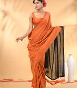 Orange and black cotton handspun saree with tassel detailing
