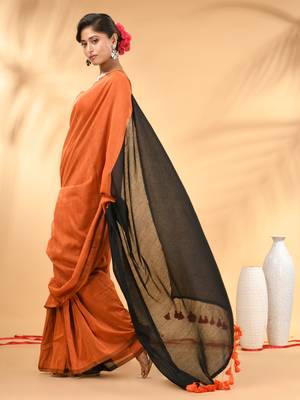 Orange and black cotton handspun saree with tassel detailing 2