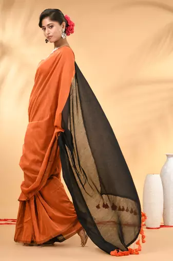 Orange and black cotton handspun saree with tassel detailing
