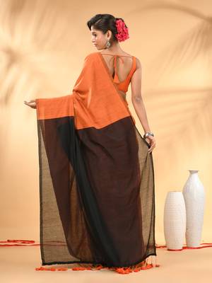 Orange and black cotton handspun saree with tassel detailing 3