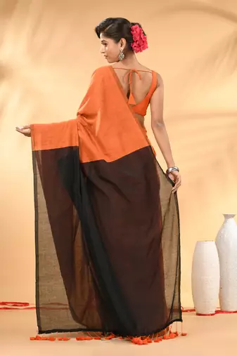 Orange and black cotton handspun saree with tassel detailing