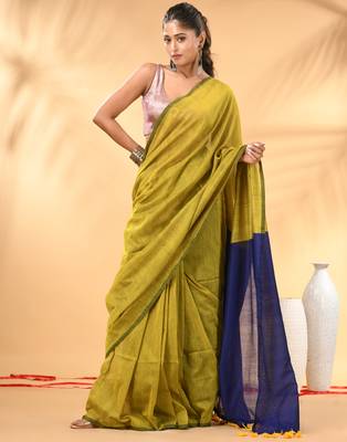 Lime green and blue cotton handspun saree with tassel detailing 1