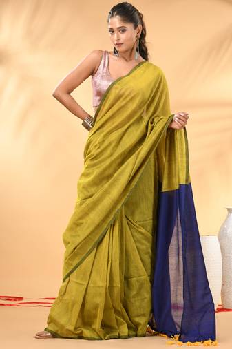 Lime green and blue cotton handspun saree with tassel detailing
