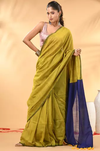 Lime green and blue cotton handspun saree with tassel detailing