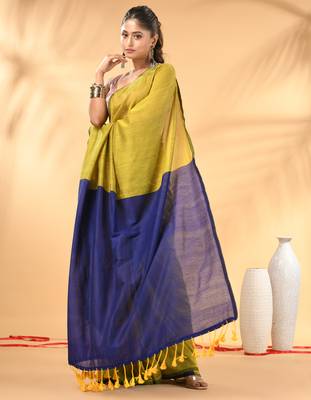 Lime green and blue cotton handspun saree with tassel detailing 2