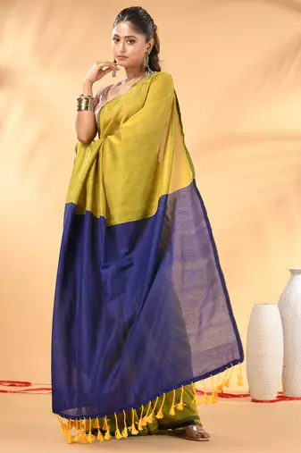 Lime green and blue cotton handspun saree with tassel detailing