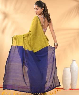 Lime green and blue cotton handspun saree with tassel detailing 3