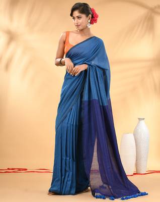 Sapphire blue and blue cotton handspun saree with tassel detailing 1