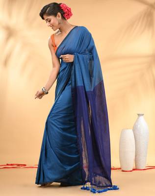 Sapphire blue and blue cotton handspun saree with tassel detailing 2