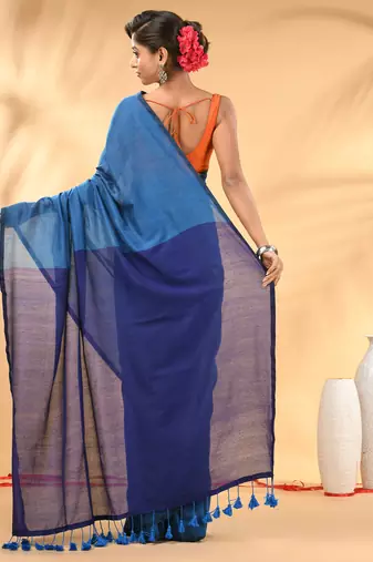 Sapphire blue and blue cotton handspun saree with tassel detailing