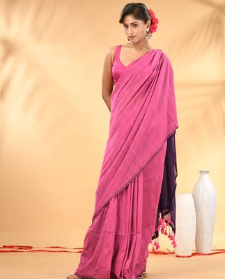 Pink and purple cotton handspun saree with tassel detailing 1