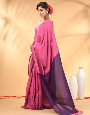 Pink and purple cotton handspun saree with tassel detailing 2