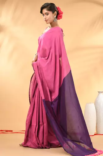Pink and purple cotton handspun saree with tassel detailing