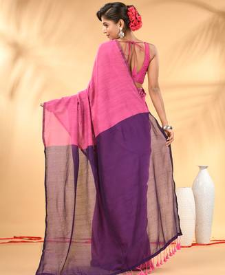 Pink and purple cotton handspun saree with tassel detailing 3