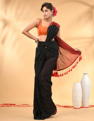 Black and red cotton handspun saree with tassel detailing 1