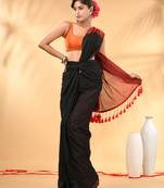 Black and red cotton handspun saree with tassel detailing