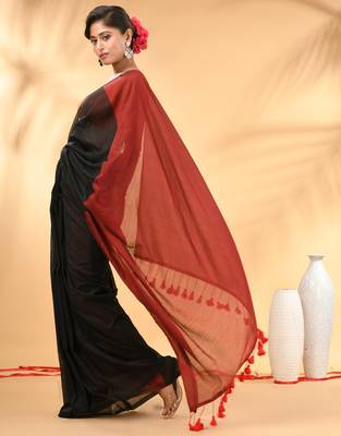 Black and red cotton handspun saree with tassel detailing 2