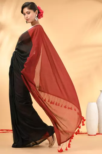Black and red cotton handspun saree with tassel detailing