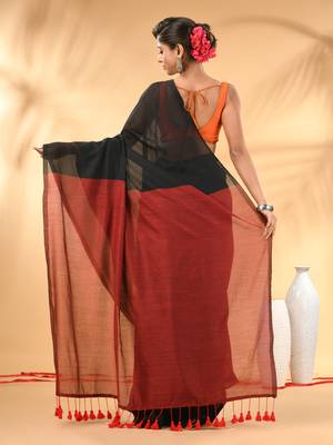 Black and red cotton handspun saree with tassel detailing 3