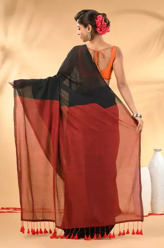 Black and red cotton handspun saree with tassel detailing