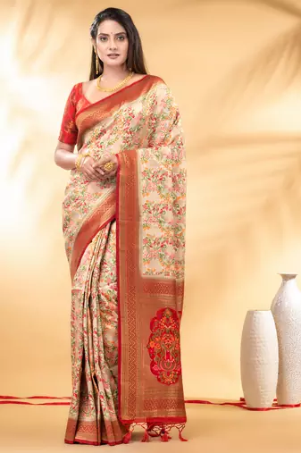 Off white pashmina silk blend floral saree with red zari border
