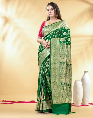 green art silk banarasi saree with golden zari work 1