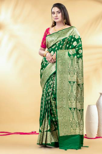 green art silk banarasi saree with golden zari work