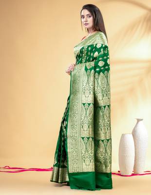 green art silk banarasi saree with golden zari work 2