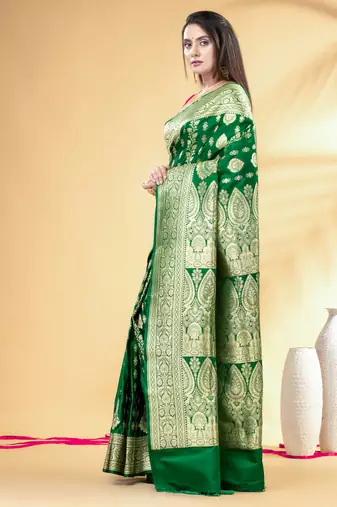 green art silk banarasi saree with golden zari work