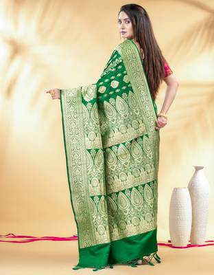 green art silk banarasi saree with golden zari work 3
