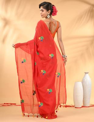 Red mulmul cotton saree with floral embroidery and tassel detailing 3