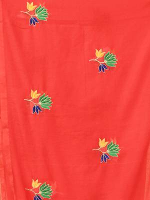 Red mulmul cotton saree with floral embroidery and tassel detailing 4