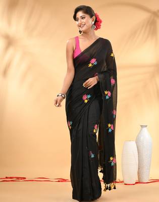 Black mulmul cotton saree with floral embroidery and tassel detailing 1