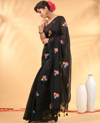 Black mulmul cotton saree with floral embroidery and tassel detailing 2
