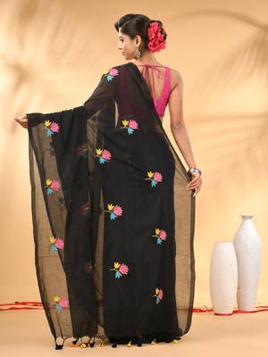 Black mulmul cotton saree with floral embroidery and tassel detailing 3