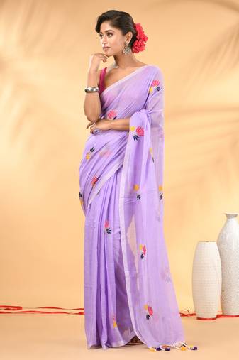 Lavender mulmul cotton saree with floral embroidery and tassel detailing