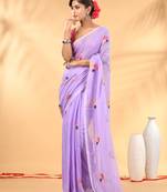 Lavender mulmul cotton saree with floral embroidery and tassel detailing