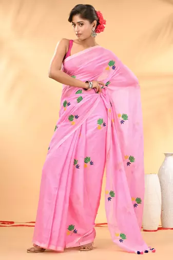 Pink mulmul cotton saree with floral embroidery and tassel detailing